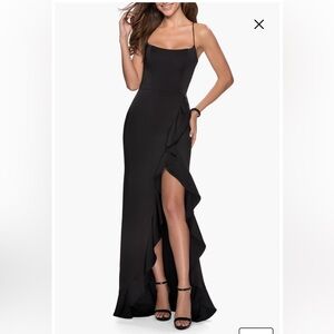 La femme Black Ruffle-Slit Evening Dress size 4